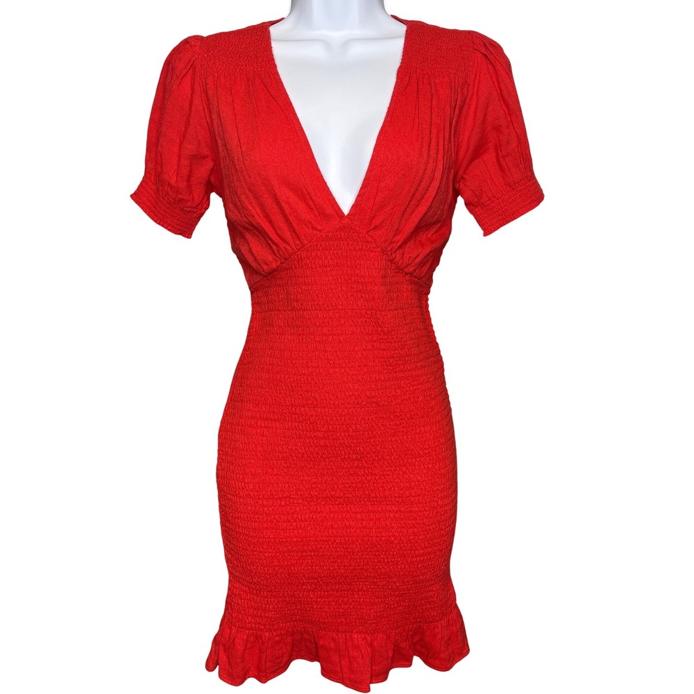 Free People Womens Red Smocked Mini Dress Puff Sleeve Ruffle Hem Sz XS Coquette